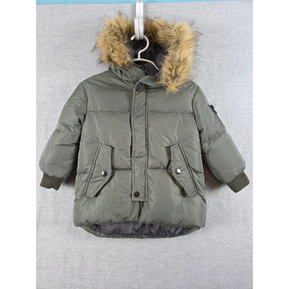 Zara Boys 12-18 Months Down Puffer Coat Jacket Faux‎ Fur Hood Parka Olive Green